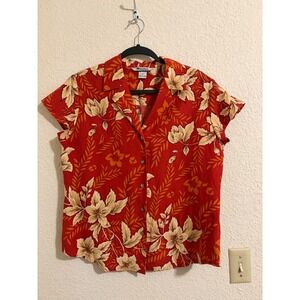 Nygard Collection Silk Linen Tropical Floral Button Down Shirt Red‎ Petites 12